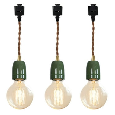 FSLiving J Track Lighting E26 Ceramic Base 2 Feet Brown Twisted Cord Pendant Light Fixture Mini Contracted Design for Entryway Dorm Loft Corridor Living Room(No Bulb,No Track)- 3 Lights(Green Socket)