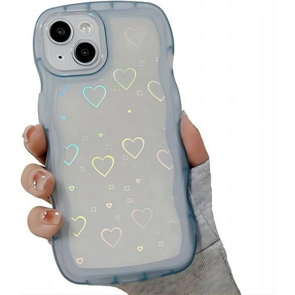 for iPhone Case,Cute Glitter Love Heart Pattern Curly Wave Frame Silicone Camera Lens Protection Soft Shockproof Phone Case (Blue,iPhone 12 Pro)