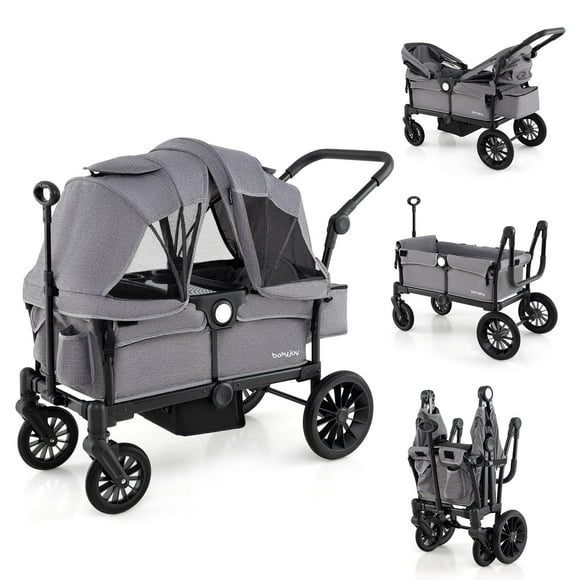 Cochecito BABY JOY Wagon para 2 niños, cochecito doble plegable con manillar ajustable, toldo extraíble, arnés de seguridad, portavasos, bandeja para aperitivos y bolsa de almacenamiento (gris)