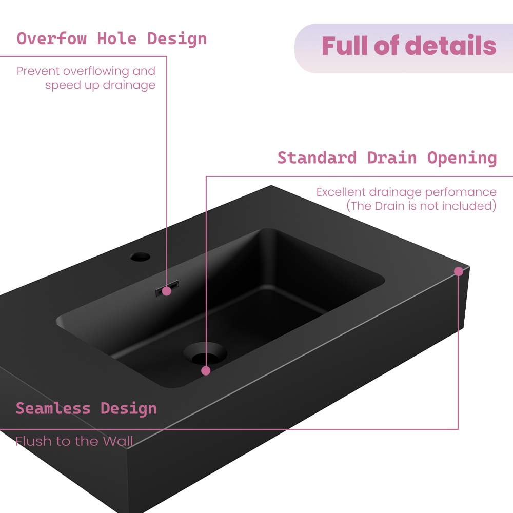 CITTANEO 30 inch matt black Integrated engineered quartz sink - Vessel Bathroom Vanity Basin Without Drain and Faucet