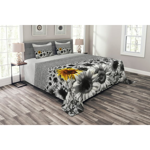 Modern Bedspread, Sunflower Field Black and White a Single Yellow Flower Spring Landscape Individuality, Decorative Quilted 3 Piece Coverlet Set with 2 Pillow Shams, King Size, Grey, by Ambesonne
