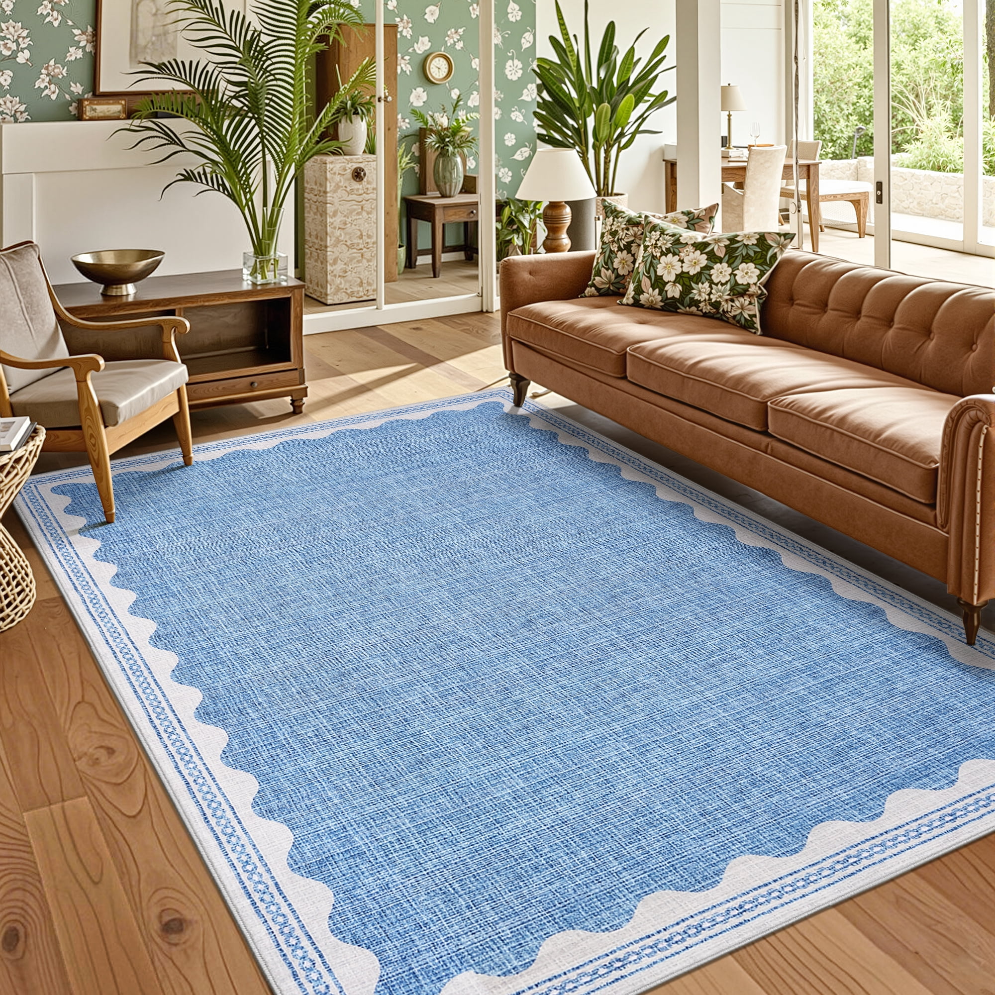 Hasoo Scalloped Washable Area Rug for Living Room Dorm Non Slip Indoor Geometric Bordered Throw Carpet, 8' x 10' Blue