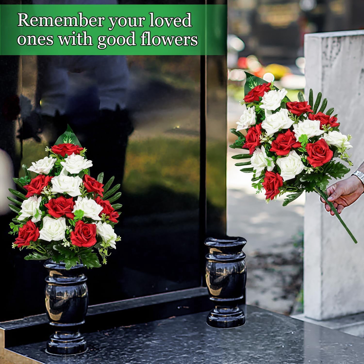 Artificial Cemetery Flowers, Memorial Rose Flowers Grave Decoration Flower Bouquets with Vase for Cemetery Graveyard Headstones Decor, Set of (Red&White)
