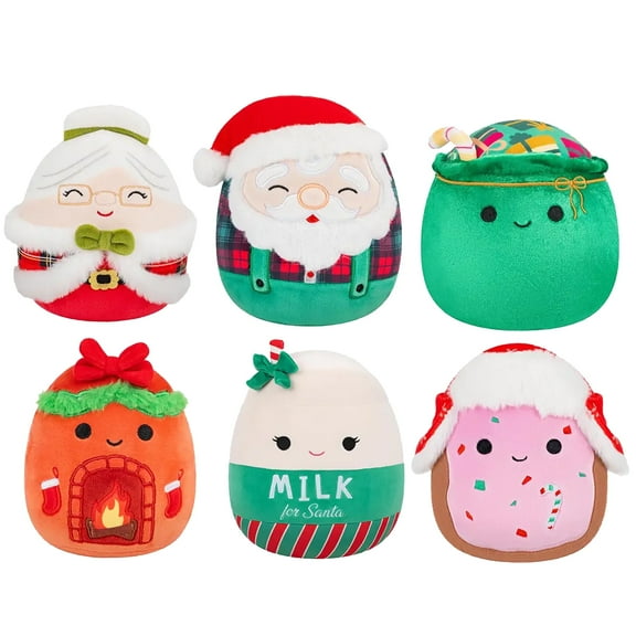 Squishmallows 5-Inch Christmas Holiday 6-Pack – Santa Claus, Mrs. Claus, Gift Sack, Red Brick Fireplace, Milk for Santa & Candy Cane Pastry Plush Toys