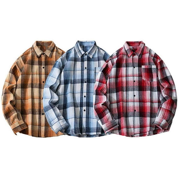 Miluxas Mens Flannel Plaid Shirt Long Sleeve Lapel Collar Button Down Shirts Autumn Camping Trips Coat with Pocket Red