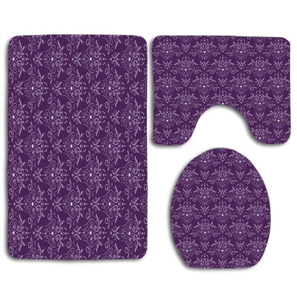 ABPHQTO Damasco de berenjena Hojas abstractas simétricas y remolinos que forman una apariencia unificada Juego de alfombras de baño de 3 piezas Alfombra de baño Alfombra de contorno y tapa de inodoro ABPHQTO Cont-CHAPPLE-15788
