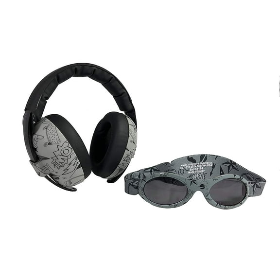 Baby Hearing Protection Earmuffs & Wrap Around Sunglasses Combo Set - 0-2 years old - Grey Doodle
