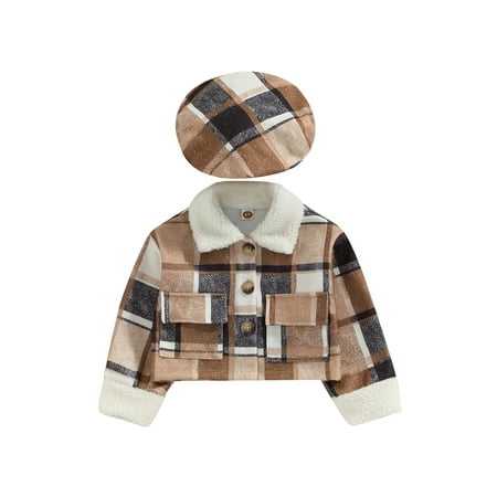 

Bmnmsl Kids Winter Plaid Jacket Warm Button Down Jackets Beret Hat