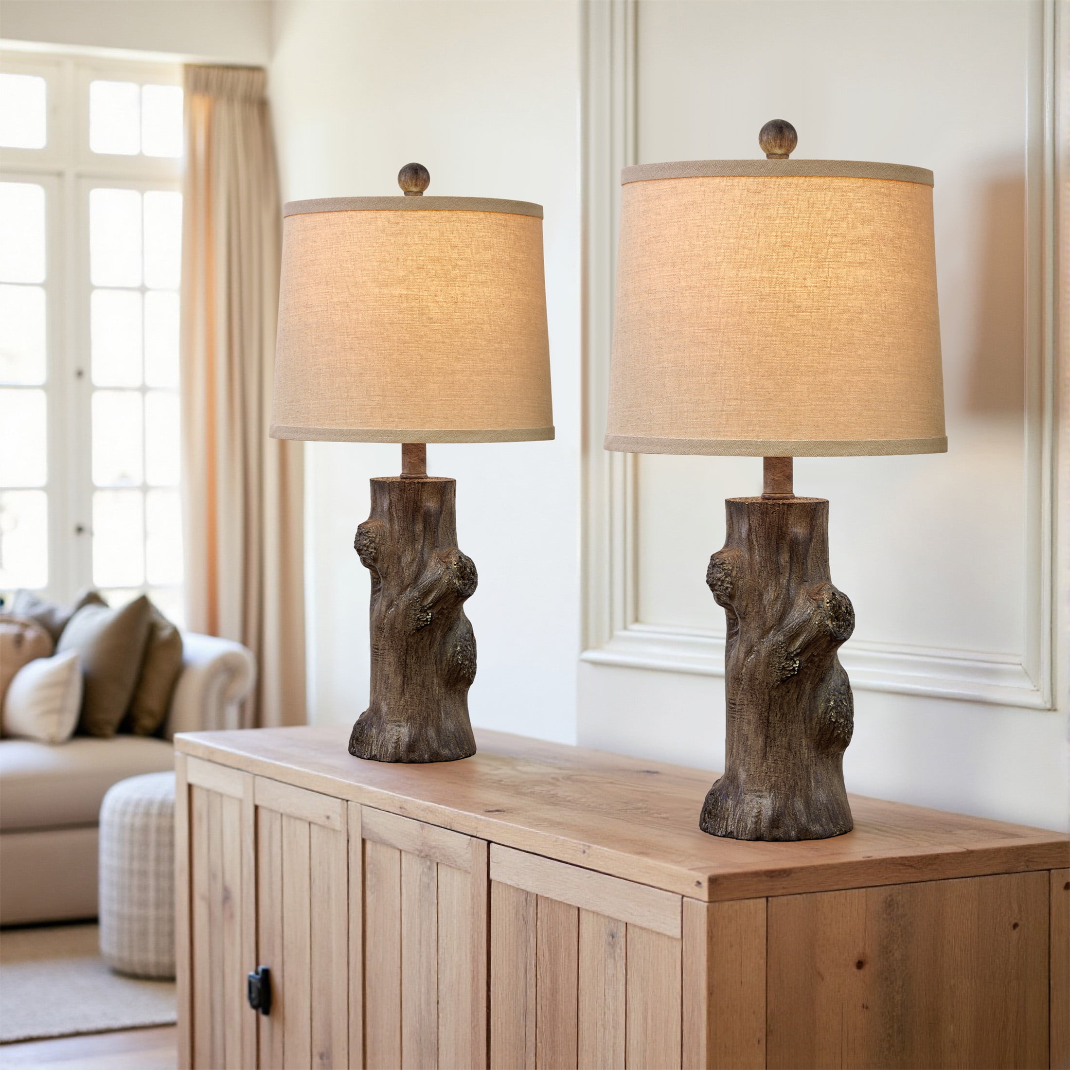 Oneach Farmhouse Resin Table Lamp Set of 2 for Living Room Bedroom 23" Tree Trunk Wood Grain Rustic Nightstand Bedside Lamps with Lamp Shades