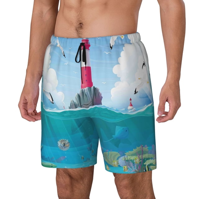 Balery Lighthouse Sea Port Bañador para hombre, shorts de playa de secado rápido con entrepierna y forro de compresión-Small