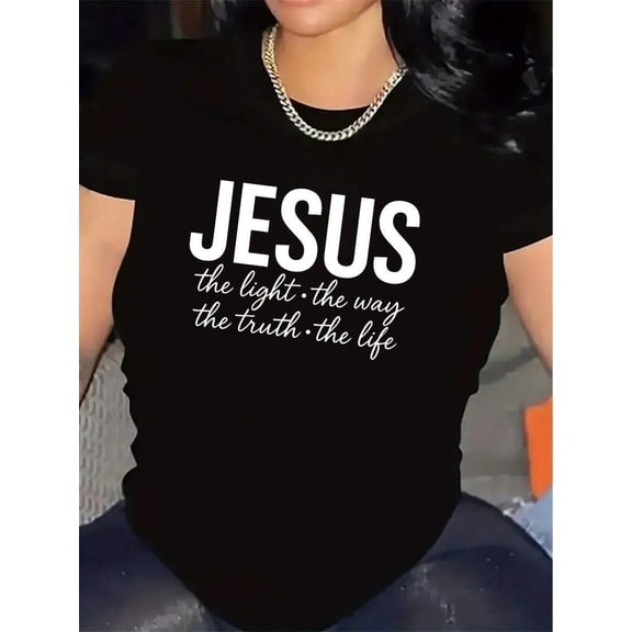 【New Arrival】Jesus The Light Way Truth Life Letter Graphic T-Shirt, Cotton Crew Neck Short Sleeve Tee, Religious Faith Casual Wear Christian Believer Gift