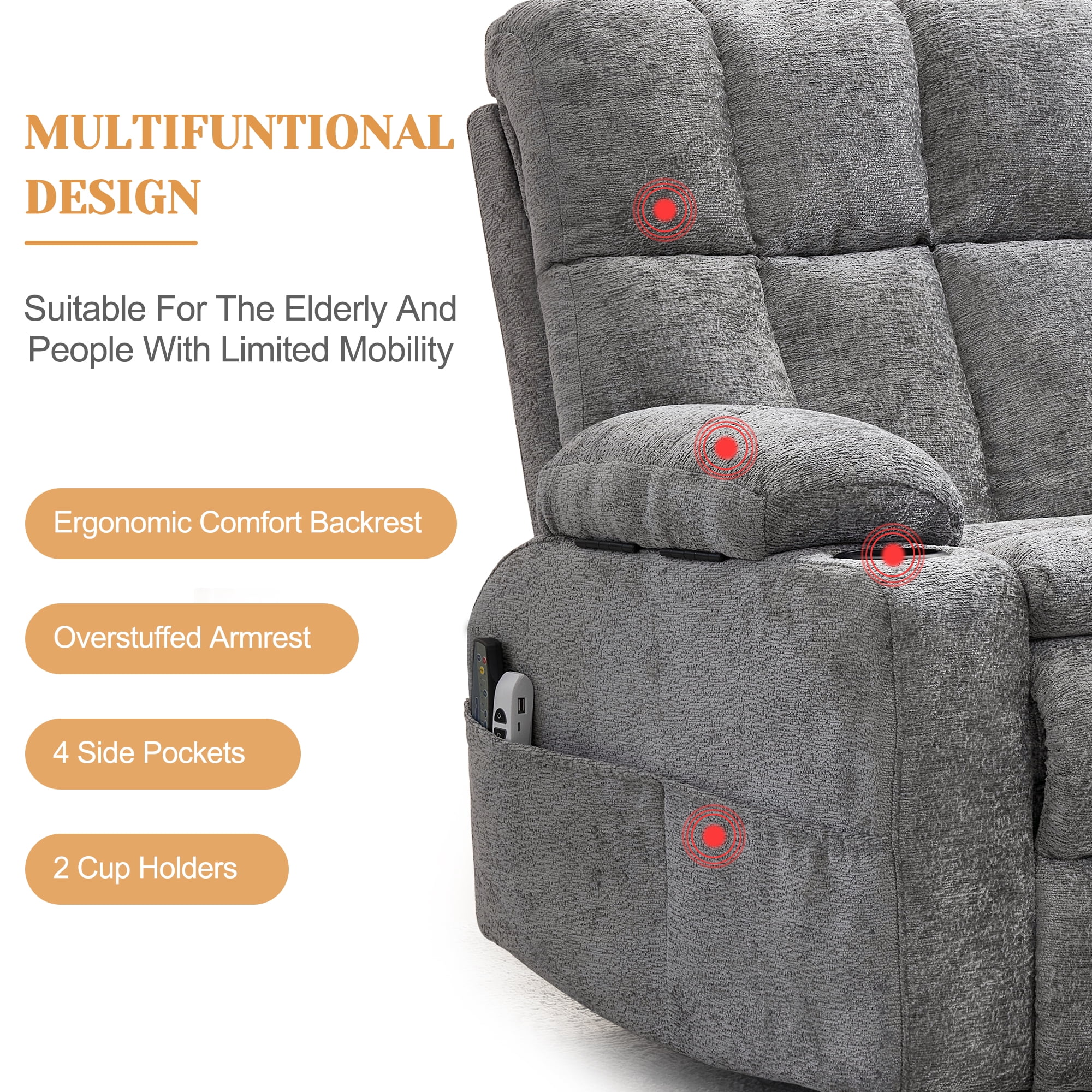 Korser Oversized Dual Motor Power Lift Recliner for Elderly with Adjustable Headrest,Massage Recliner Chair with USB Ports & Type C Electric Lift Chair with Storebox Cupholder for Living Room,Grey