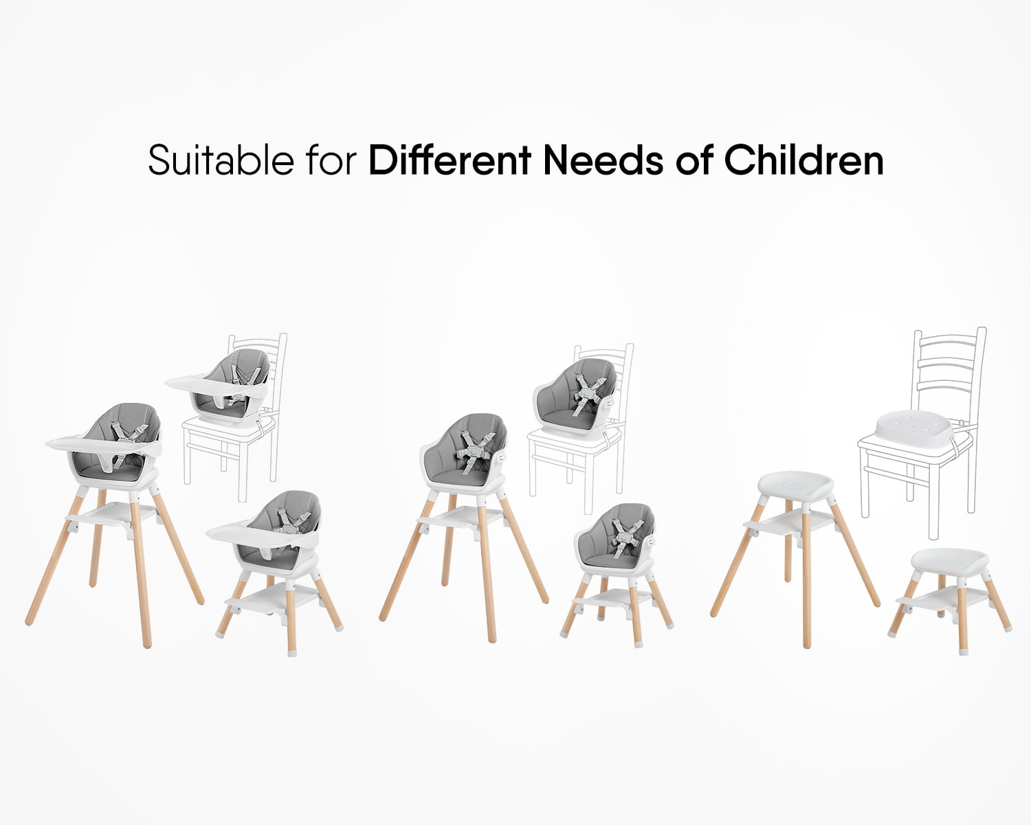 Babyomi Convertible High Chair for 2 Babies, 11-in-1 Wooden Booster with Double Easy-Clean Trays & PU Cushion,Gray