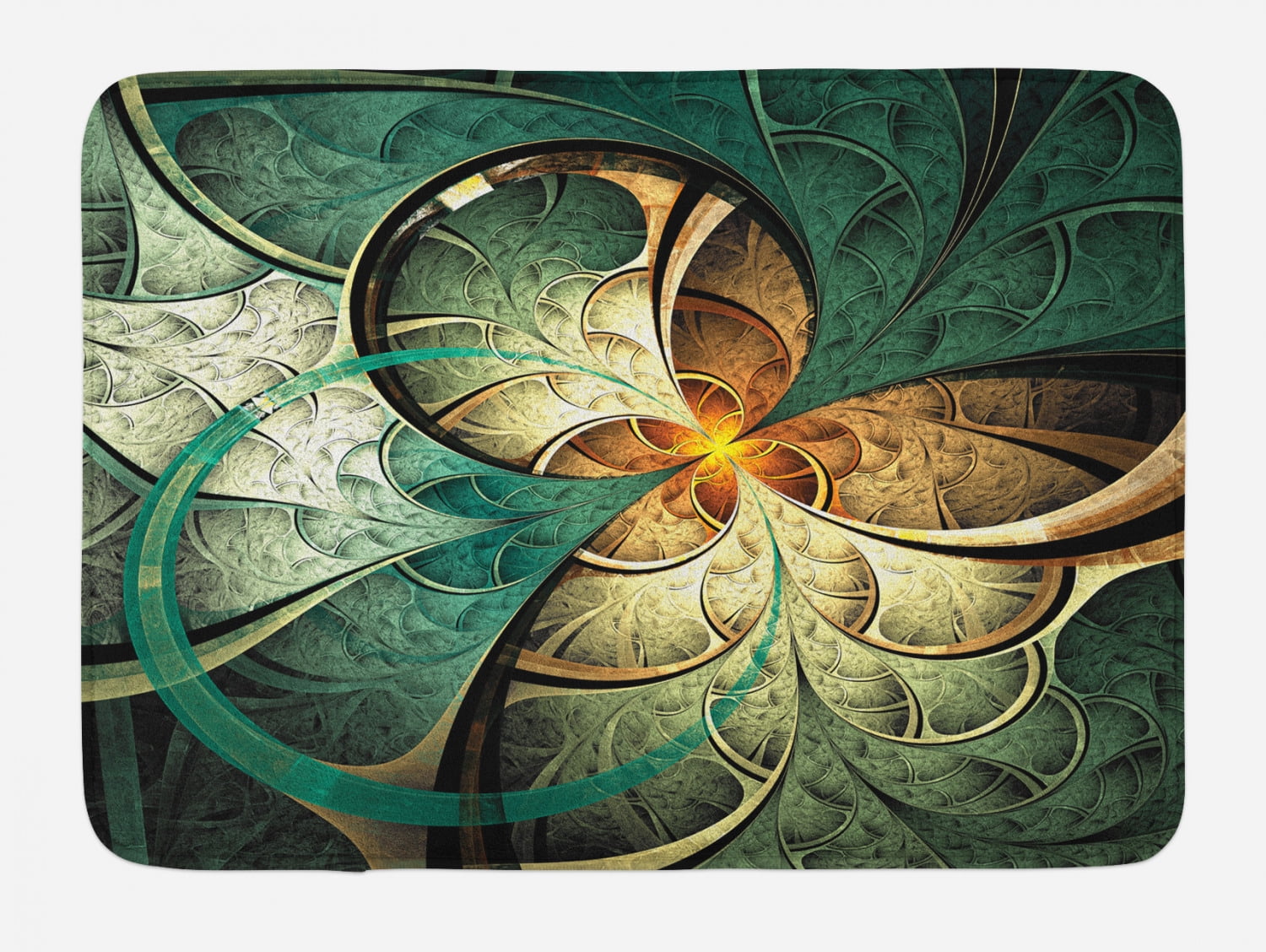 Jade Green and Gold Fractal Bath Mat with Non-Slip Backing