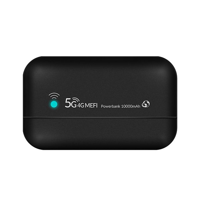 enrutador mifi portátil 4g wifi 150mbps 10000 mah módem mifi punto de acceso inalámbrico móvil para automóvil con tarjeta sim negro, negro vista frontal centrada de un MiFi negro rectangular con bordes redondeados; LED verde encendido junto a icono de señal, texto blanco "5G 4G MEFI Powerbank 10000mAh" en el frente, carcasa de plástico mate y línea horizontal decorativa sobre fondo blanco. También se usa a menudo como banco de energía portátil para cargar dispositivos móviles durante viajes.