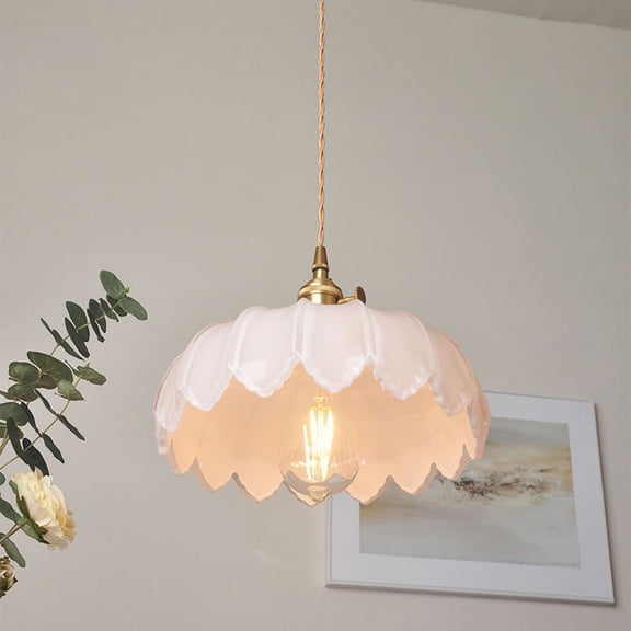 Litfad White Flower Shape Glass Pendant Light Fixture, Single Vintage Farmhouse Hanging Lamp, Pendant Lighting for Over Kitchen Island Dining Room Table Bar Counter Laundry Room Entrance