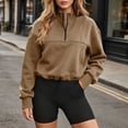 thumbnail image 6 of Puntoco Women's Quarter Zip Sweatshirt, Long Sleeve Fleece Lined Stand Collar Pullover, Casual Loose Fit Top with Pockets for Fall Winter Khaki-Y XL, 6 of 8