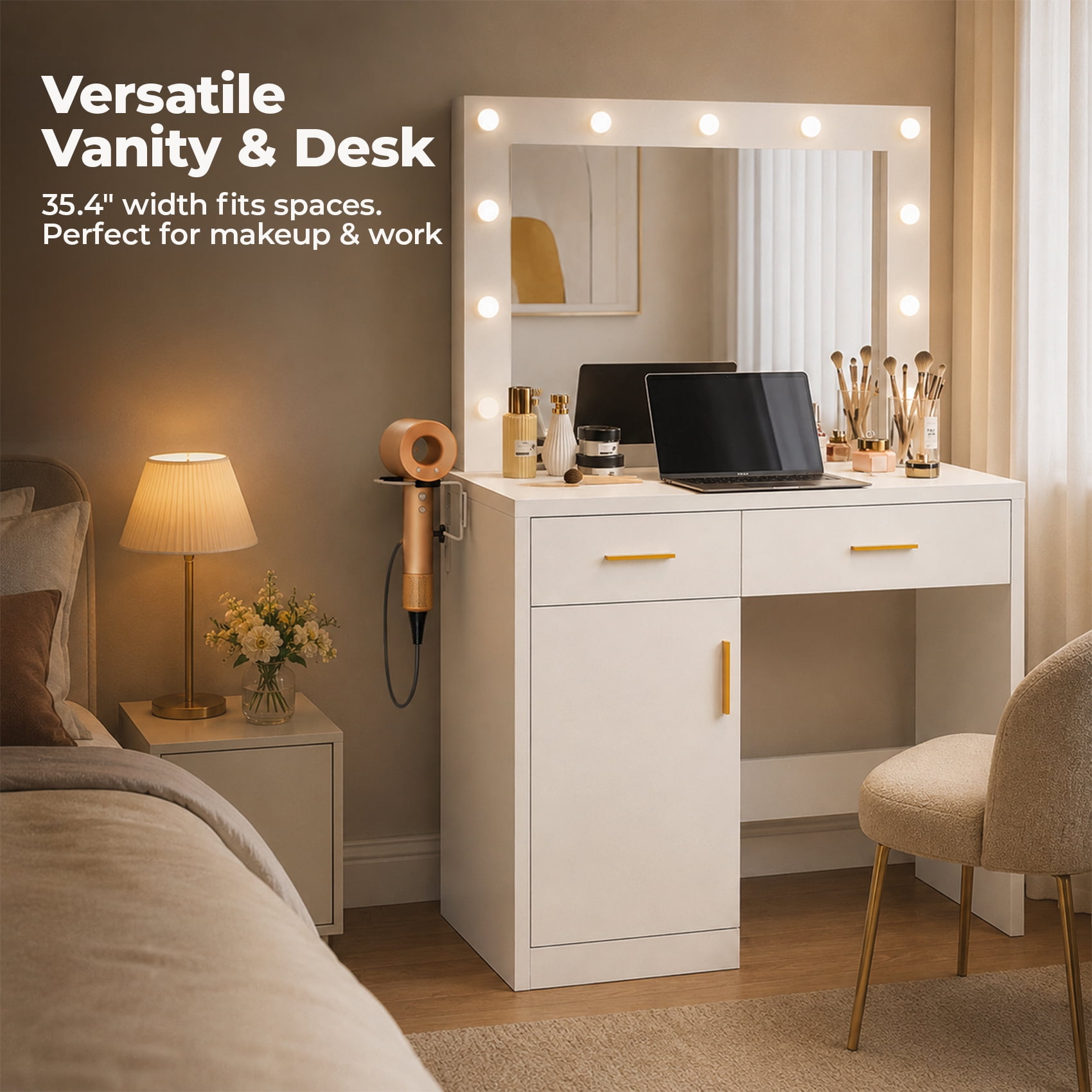 Alvantor 35.4" Makeup Vanity Desk with LED Mirror and Storage Cabinet