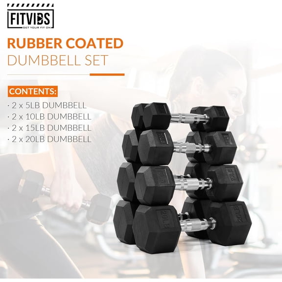 Rubber Encased Hex Dumbbell Set - 100LB Contoured Handle for Strength Building & Full Body Workout