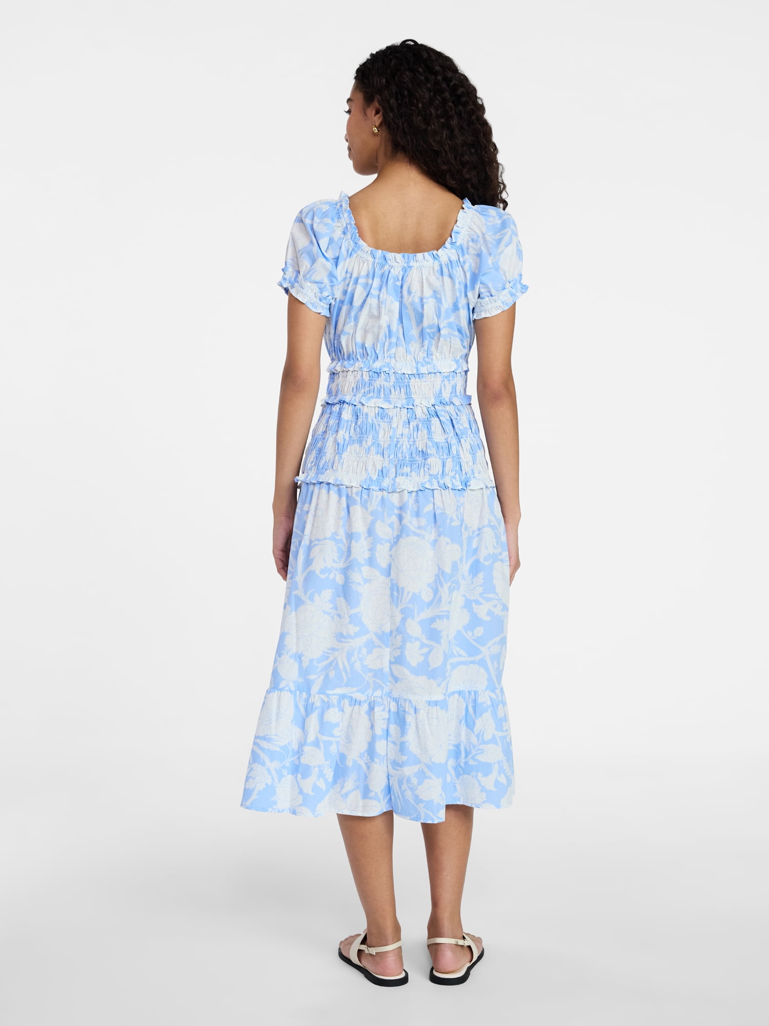 Time and Tru Women's Smocked Cotton Peasant Dress with Short Sleeves, Sizes XS-XXXL
