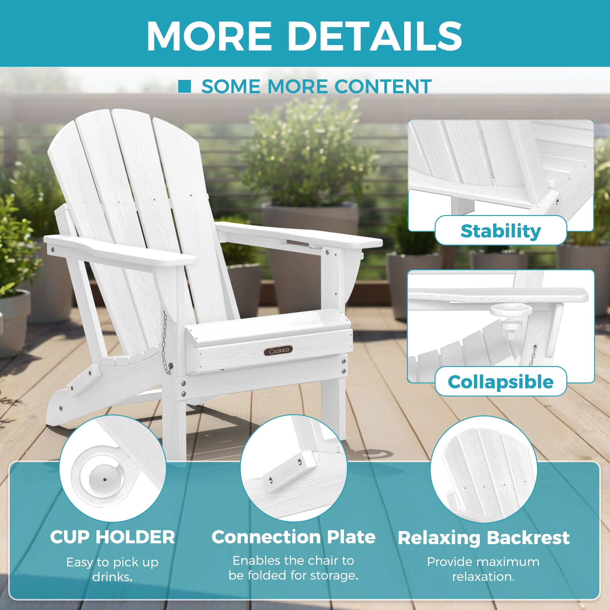 Ciokea Wood Adirondack Chairs Set of 2 Outdoor Folding Patio Chairs Fire Pit with Cup Holder Porch Garden White
