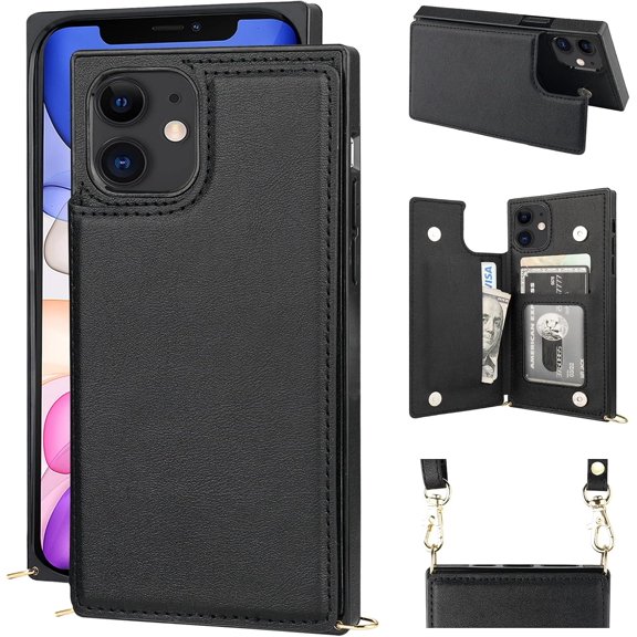 Crossbody Wallet Case for iPhone 11 Credit Card Holder PU Leather Kickstand Shockproof Detachable Cross Body Strap Lanyard Magnetic Closure 6.1 inch(Black)
