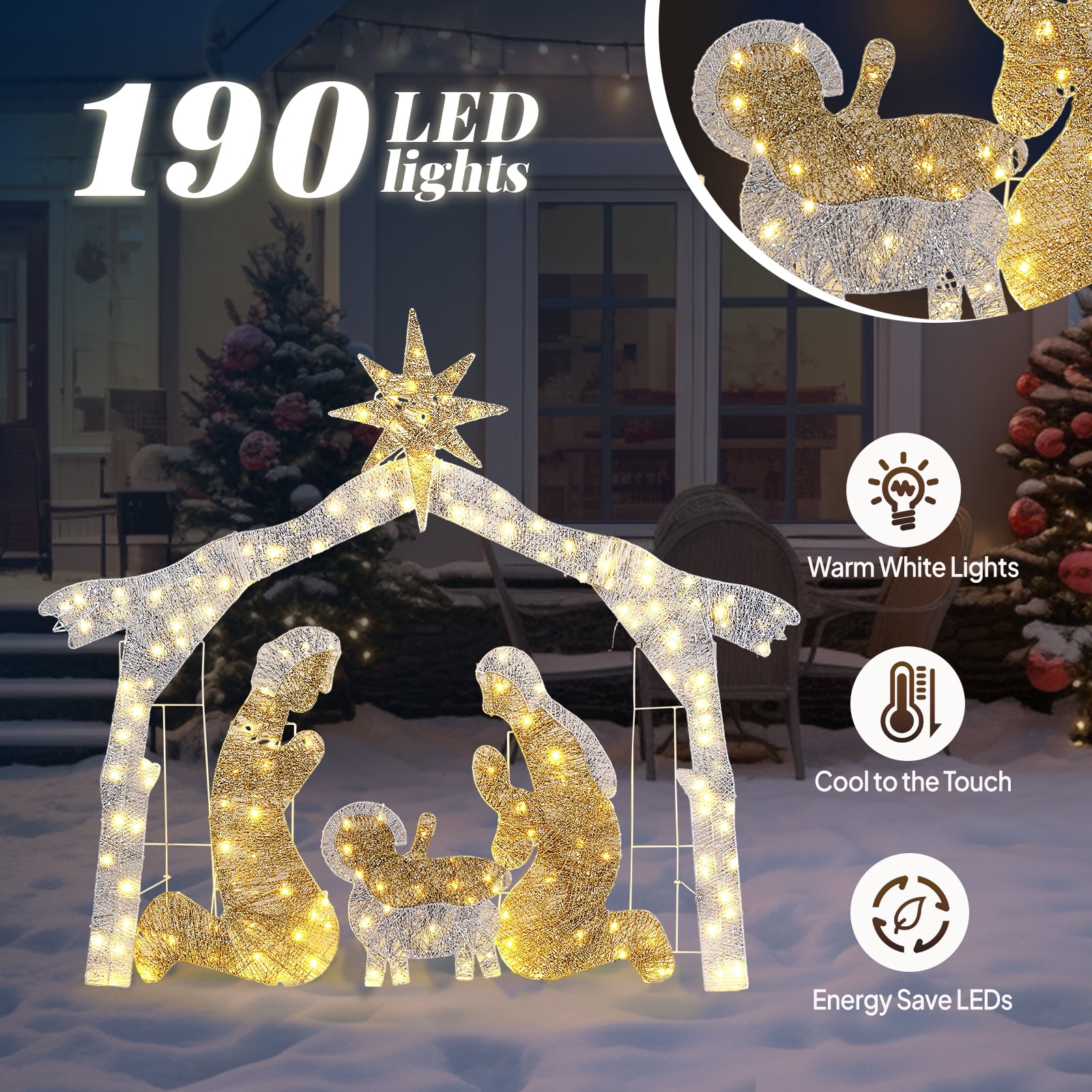6ft Christmas Nativity Scene Decoration Silver Roof with 190 LED Lights Durable Garden Jesus Mary Joseph Set Easy-Install Reusable Outdoor Holiday Decor