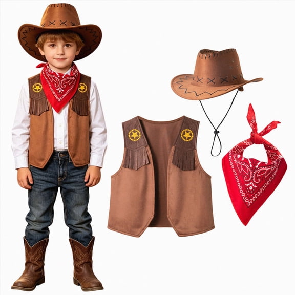 Duqingm Cowboy Cowgirl Outfits for Boys, Toddler Kids Dress Up Role Play Parties Cowboy Kids' Vest & Bandana Set Hat Brown,6-7 Years