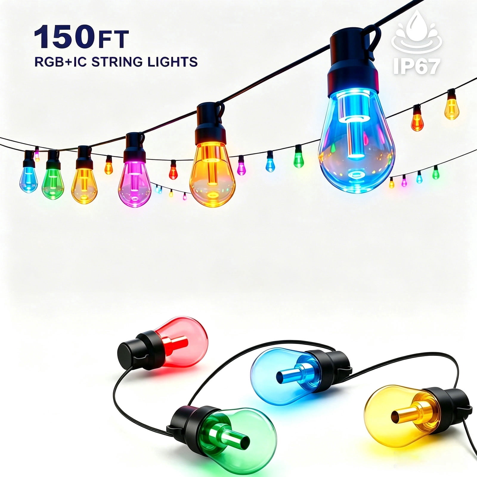 150FT RGB+IC Outdoor String Lights, Outside Light Dimmable Shatterproof LED Bulbs, IP67 Waterproof Chasing Effect Lighting DreamColor Patio Strip Lights for Backyard, Balcony, Outdoor Living