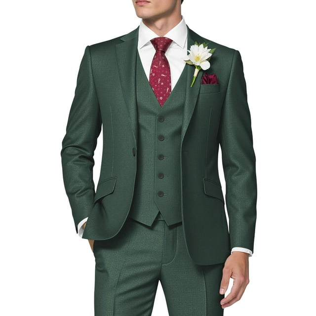 Traje HUUTOE para hombre de 3 piezas, ajustado, verde oscuro, para baile de graduación de 2025