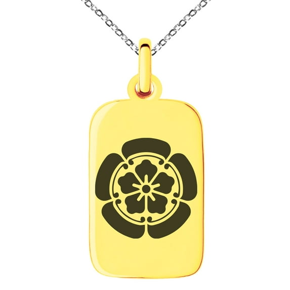 Stainless Steel Nobunaga Oda Samurai Crest Engraved Small Rectangle Dog Tag Charm Pendant Necklace
