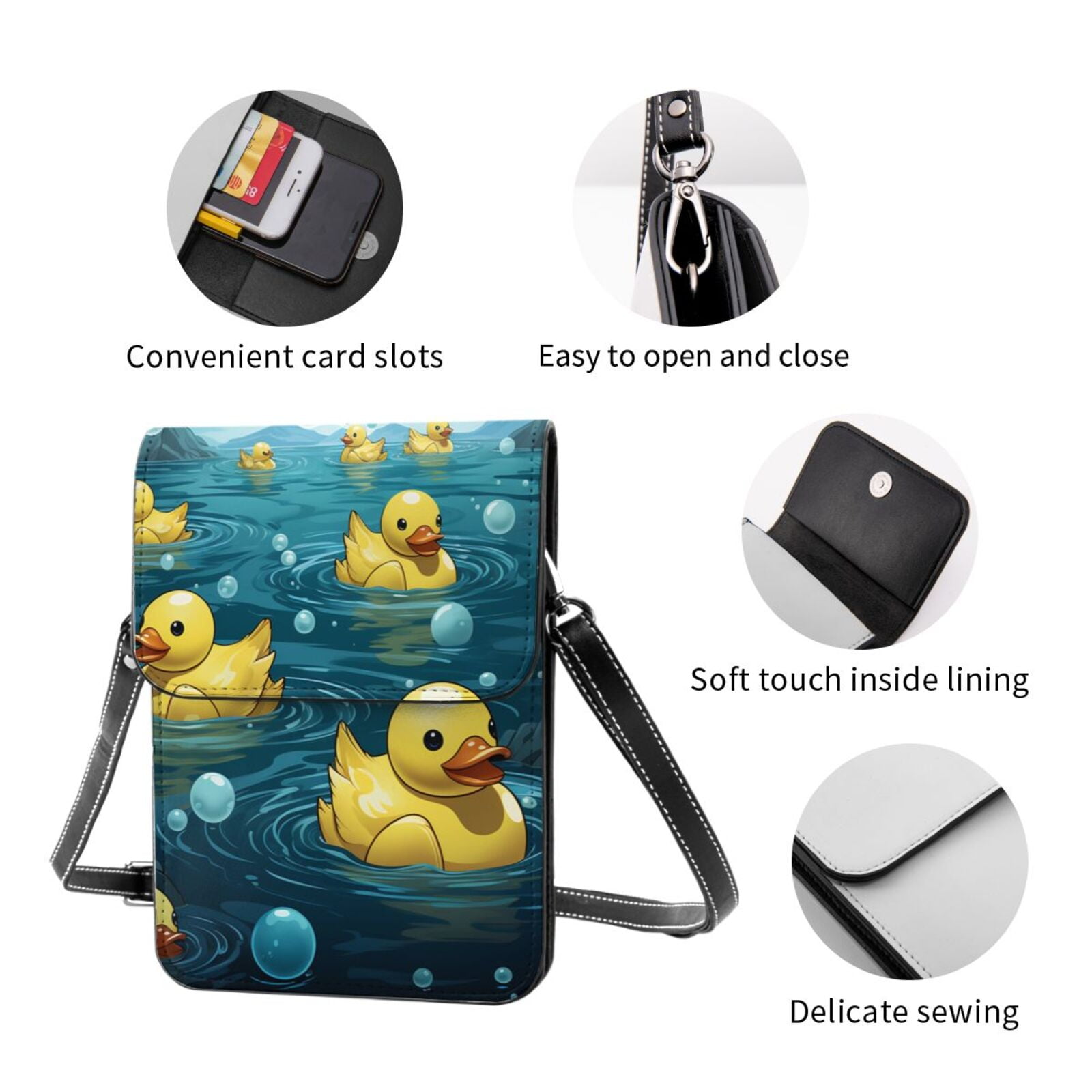 Rubber Duck Cool Yellow Ducks Cell Phone Purse Small Crossbody Bag with Strap Credit Card Slots Leather Shoulder Wallet for Women