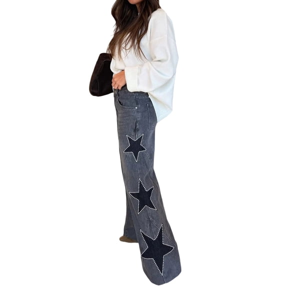 Women'S Jeans High Waisted Fashion Casual Star Denim Loose Wide Leg Straight Leg Bootcut Pants Black XL