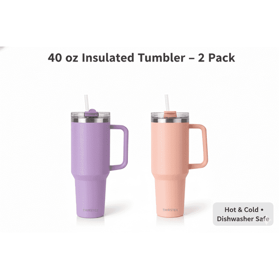 THIRSTEE 40 oz Insulated Travel Tumbler with Handle and Straw, 2 Pack, Dishwasher Safe, BPA-Free, 304 Stainless Steel Inner, Purple and Peach