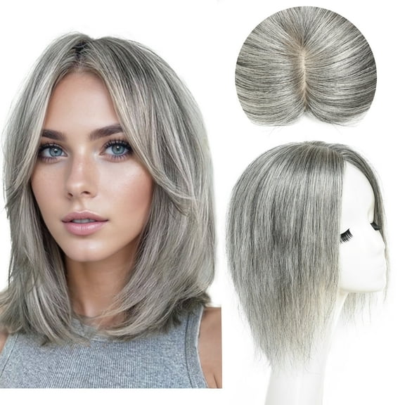 viviaBella Human Hair Topper - 5.1" x 5.1" Clip-In & Seamless Solution for Thinning Hair - Pepper and Salt, 10 Inch Thick Silk Base for Women(5.1"X5.1" 10inch Pepper and Salt)
