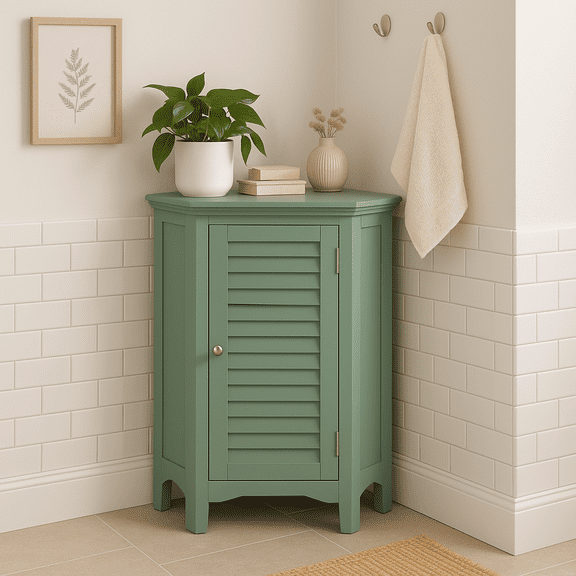 Teamson Home Glancy Freestanding Corner Floor Cabinet with Faux Louvered Door, Sage Green