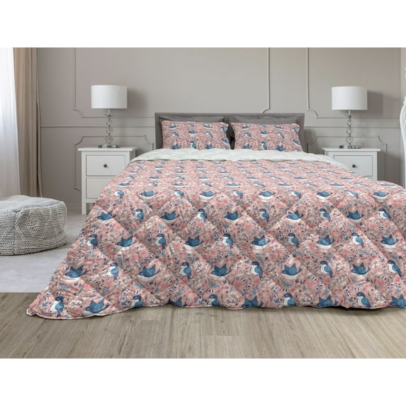 Botanical Comforter & Sham Bedding Set, Spring Garden Beauty with Flowers and Swallow Bird Berry Branches, 3 pcs Duvet Set Microfiber Filling Quilt, 5 Sizes, Coral Pale Pink, by Ambesonne