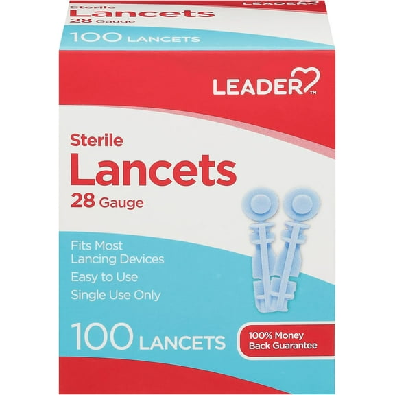 LEADER Sterile Lancets, Ultra Thin 28 Gauge, Single Use, Universal Designed for Diabetic Blood Glucose Testing, 100 Count Per Box Lancets, 1-Box