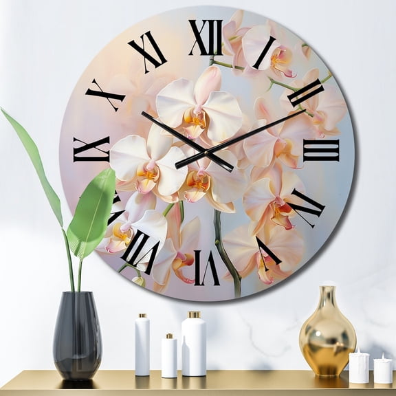 Designart "Peach Orchids love expression III" Floral Oversized Wall Clock
