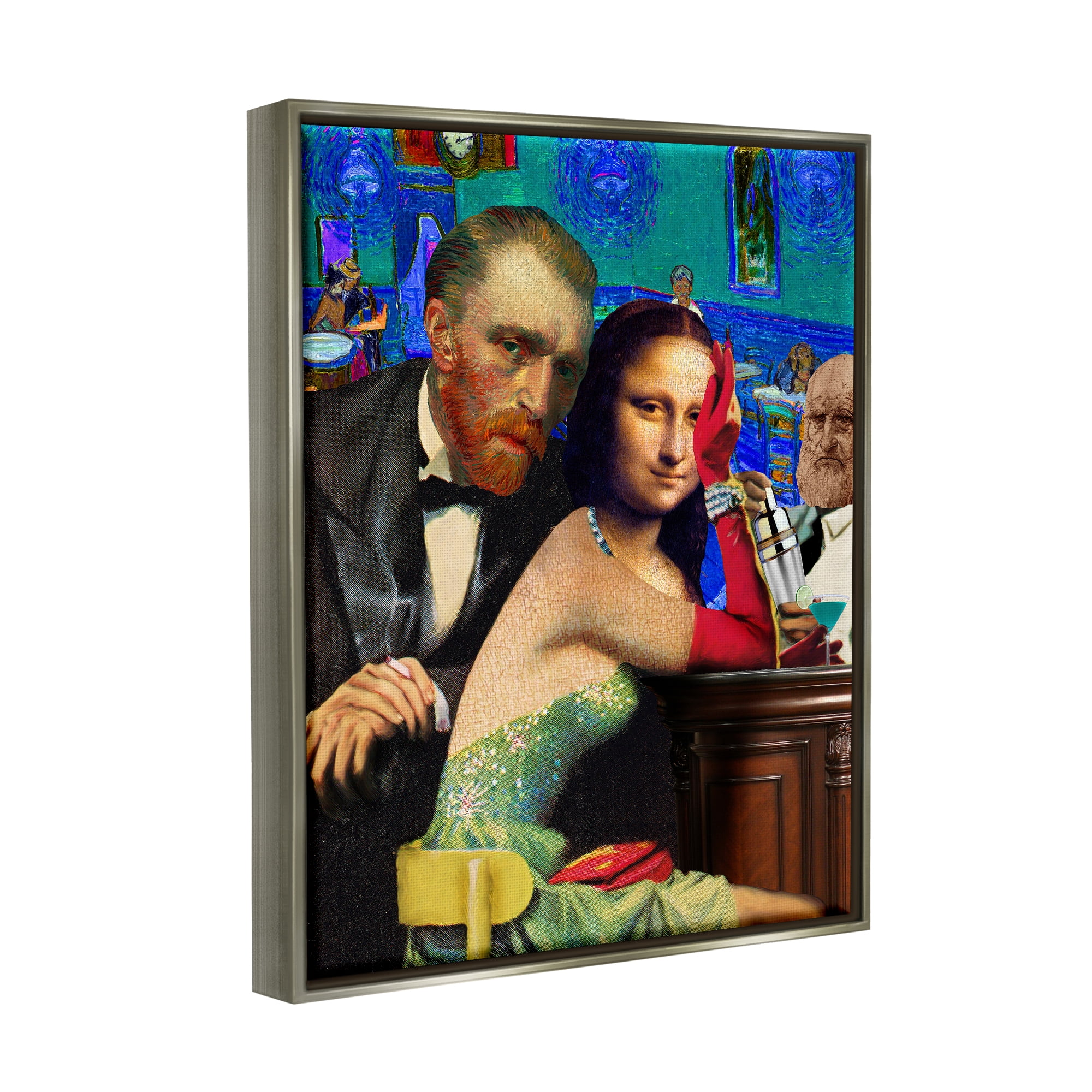 Stupell Industries Van Gogh & Mona Lisa Novelty Painting Gray Floater Framed Canvas Art Print Wall Art, 17 x 21