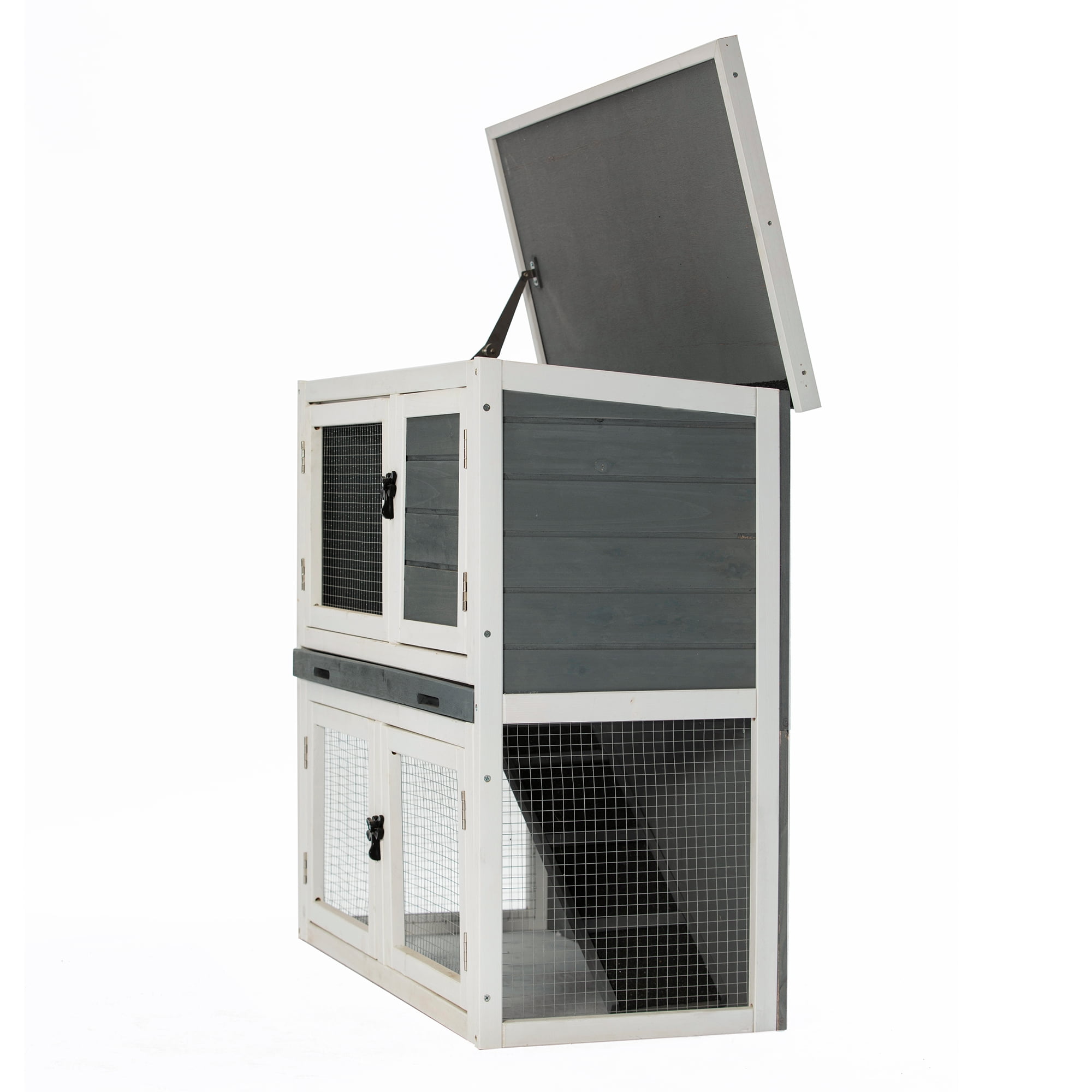Pefilos 36" Solid Wooden Rabbit Hutches with Easy Clear Tray 2-Layer Rabbit Cages for Outdoor Hen House Open-able Roof, Gray Pefilos 36" Solid Wooden Rabbit Hutches with Easy Clear Tray 2-Layer Rabbit Cages for Outdoor Hen House Open-able Roof, Gray