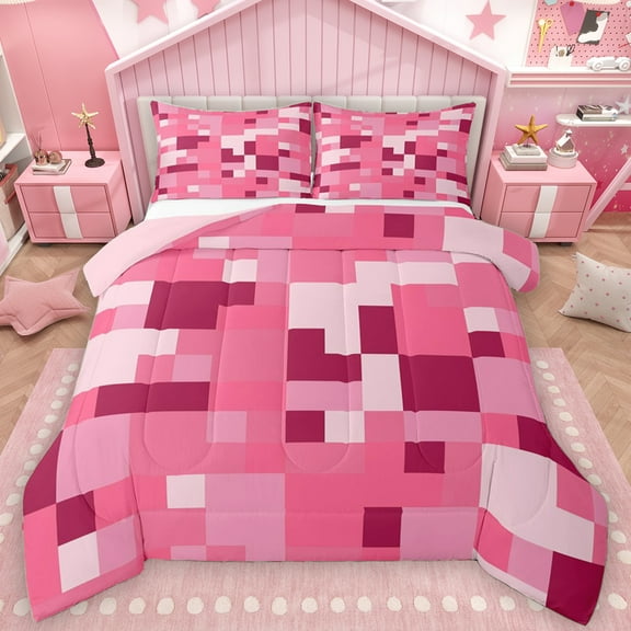 Manfei Fashion Pink Abstract Bedding Comforter Set for Teens, Fashion Square Twin Comforter Sets, Chic Patchwork Buffalo Reversible Bedding Set, Super Cozy Room Decor, 2 Pieces