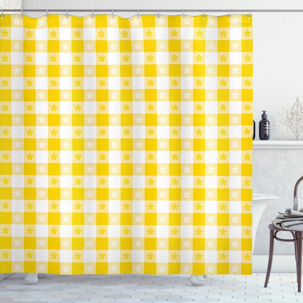 Yellow and White Shower Curtain, Checkered Motif with Little Spring