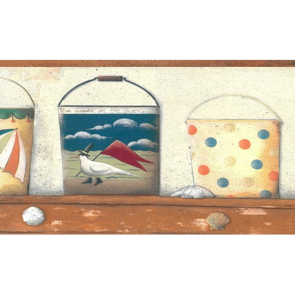 Dundee Deco Prepasted Wallpaper Border - Kids White, Brown, Blue, Yellow Sand Buckets, 15 ft x 7 in