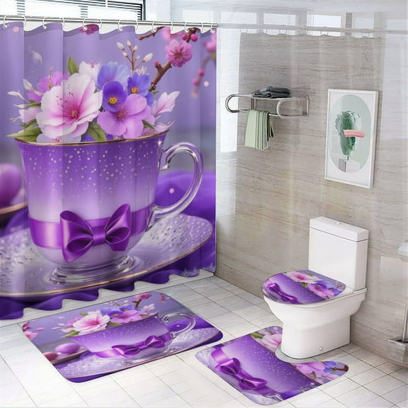 Purple Teacup with Flowers Shower Curtain Bathroom Sets Toilet Lid Rug, Bath Mat And Contour Mat, Shower Curtain 4Pcs
