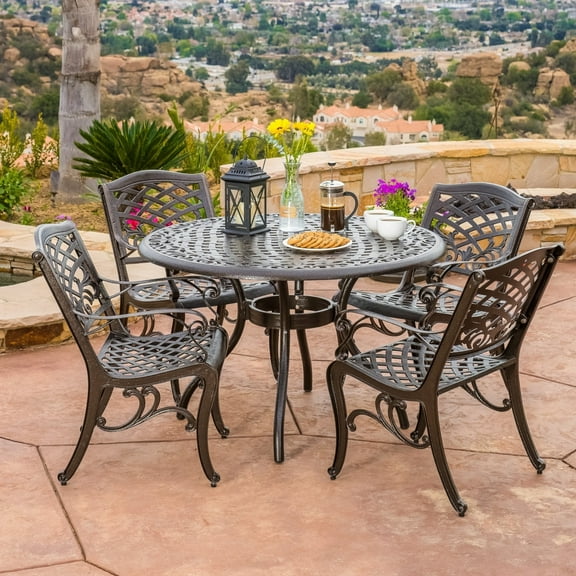 GDF Studio Mikell Outdoor Aluminum 5 Piece Dining Set, Hammered Bronze