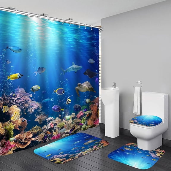 SIRIA 4Pcs Sunlight Sea Fish Bathroom Sets with Rugs, and Turtle Print Machine-Washable Shower Curtain Ocean Theme Bath Accessories Sets for Bathroom,Set De Baño Completo,12Pcs Hooks
