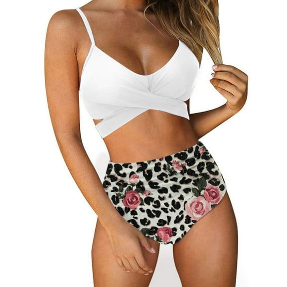 EQWLJWE High Waisted Bikini Swimwear Womens Bikini Set Swimsuit Deep V Neck Cut Out Sides Crisscross Back Adjustable Straps