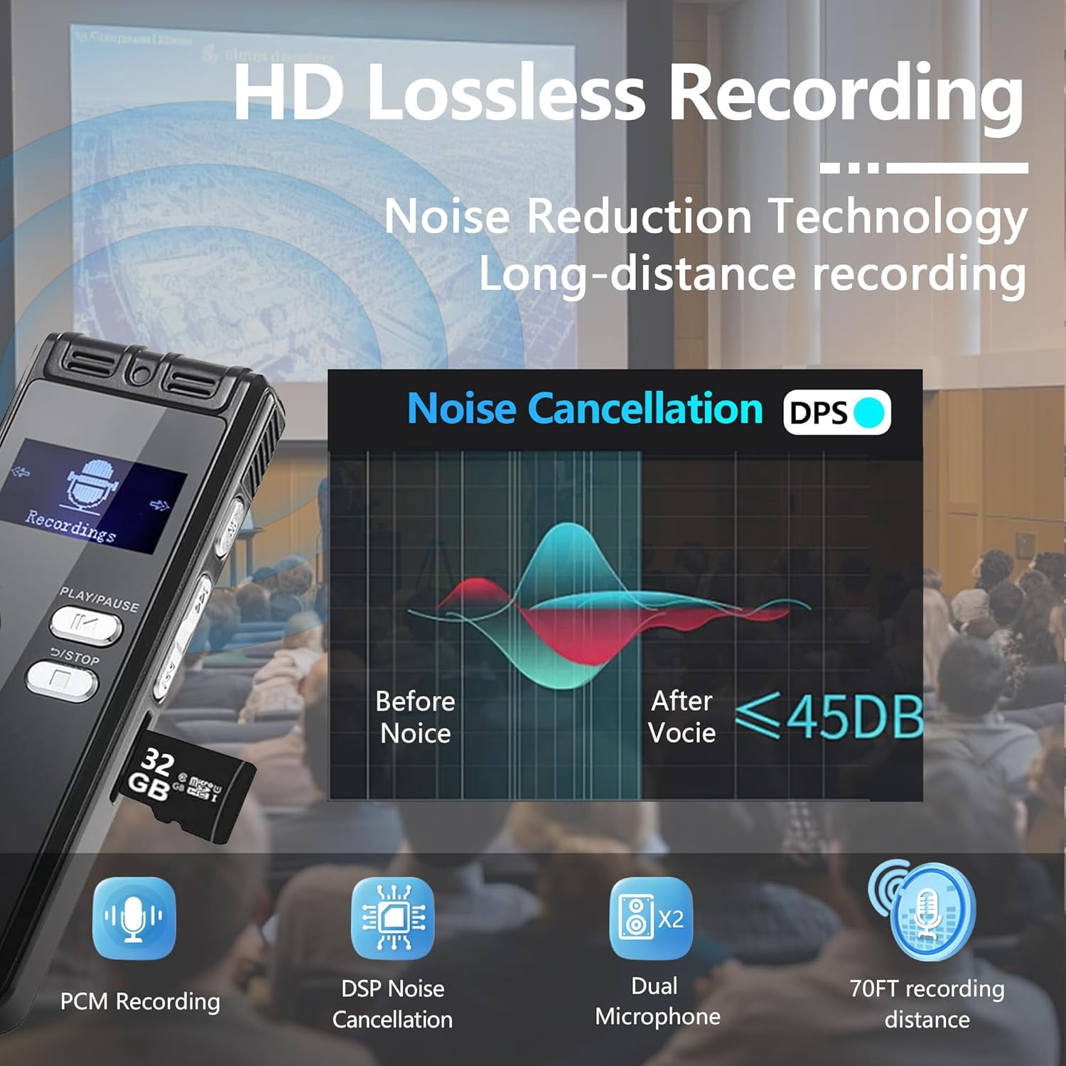 128GB Digital Voice Recorder Activated with Playback - 3072 Kbps HD Recording and Noise-Canceling Voice-Activated Recording, Audio Recording Device