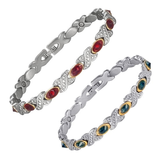 Metaljc Stainless Steel Blue and Red Stone Magnetic Bracelets, Set of 2, Mix Match Jewelry Gift for Mom Wife Daughter